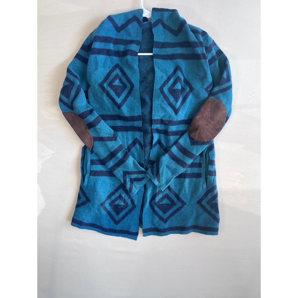 Boiled‎ Lambswool Cardigan Hooded Southwestern Teal Blue Elbow Patch Sweater